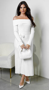 Zoya Off Shoulder Ribbed Midi Dress - Ivory